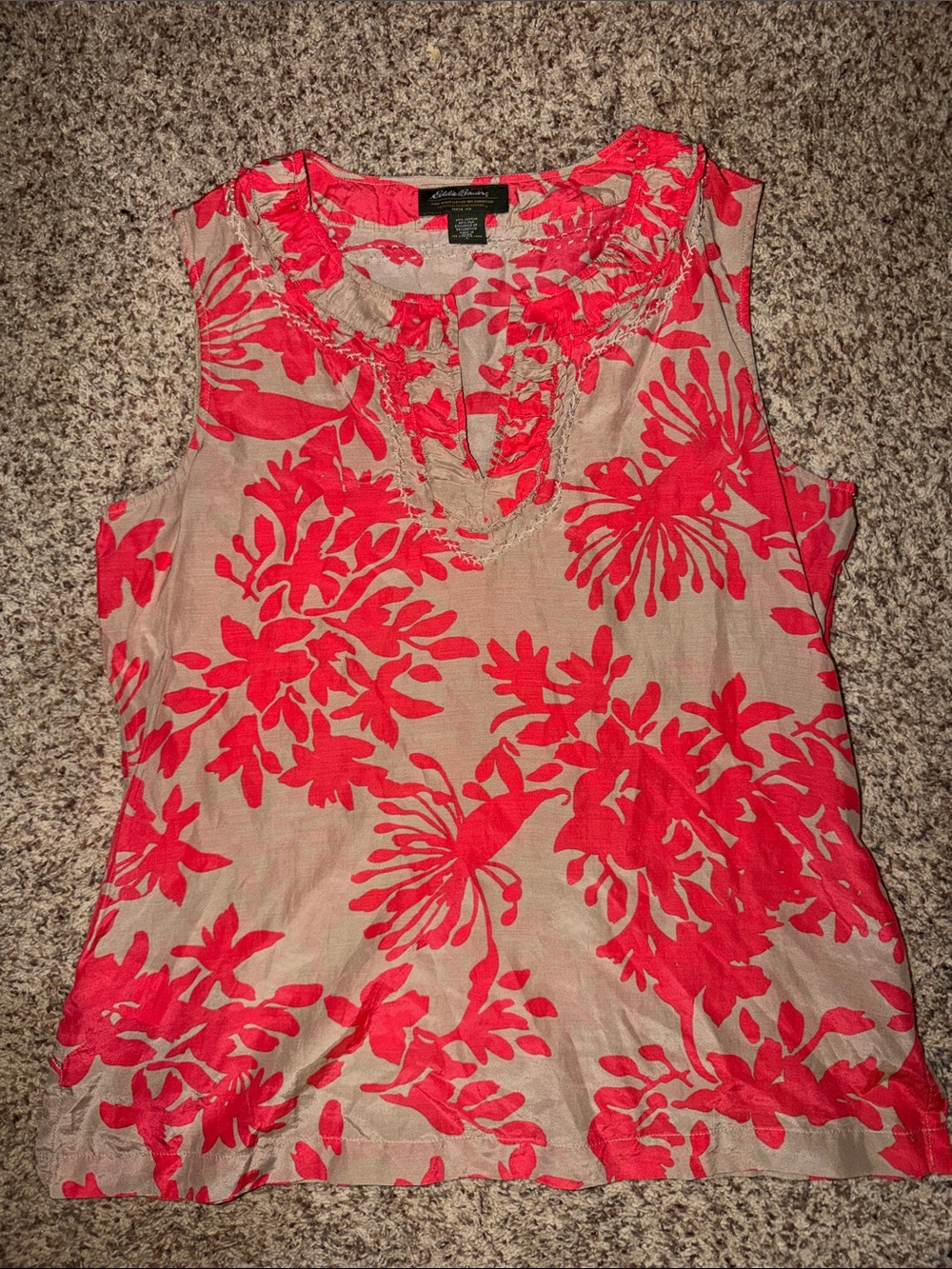 Eddie Bauer Coral Floral Ruffled Neck Sleeveless Top
